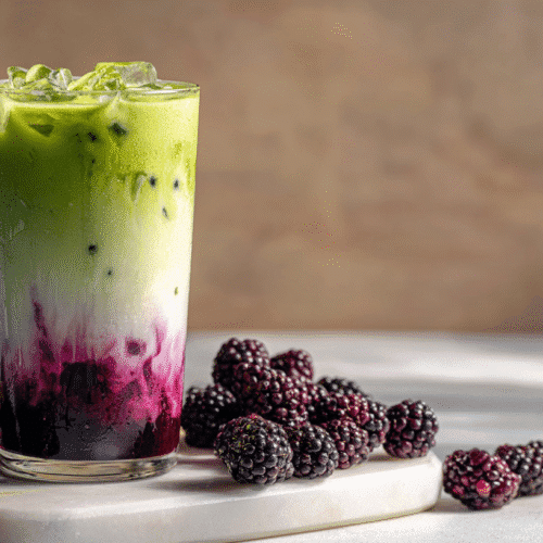 blackberry matcha latte with layered green matcha, creamy milk, and purple blackberry syrup in a glass