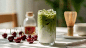 Cherry matcha latte layered with green matcha and milk, surrounded by cherries on a white table