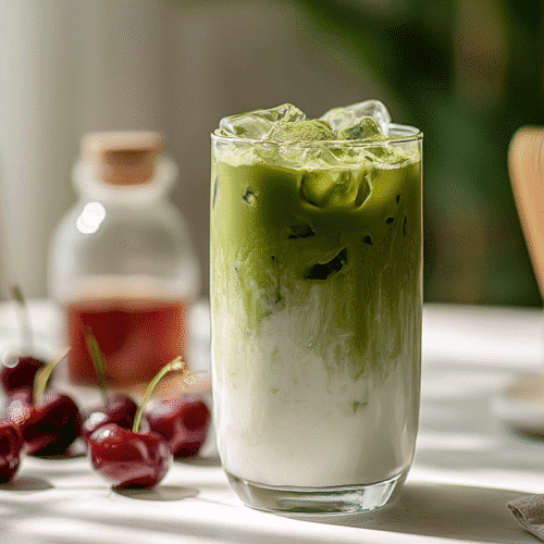 Cherry matcha latte layered with green matcha and milk, surrounded by cherries on a white table