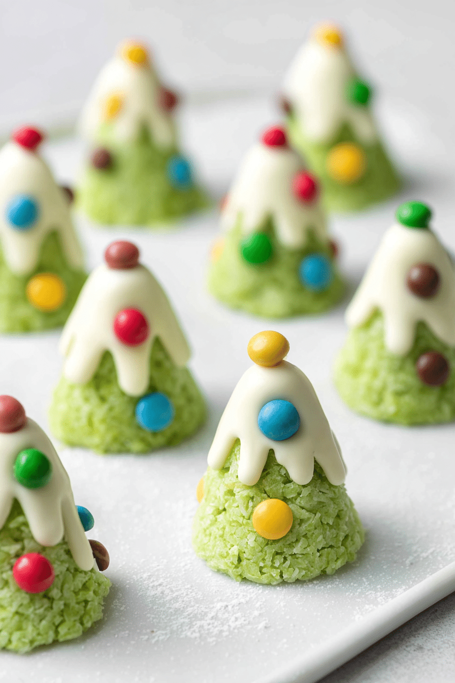 Christmas tree cookies with coconut bases, white chocolate tops, and colorful candy decorations