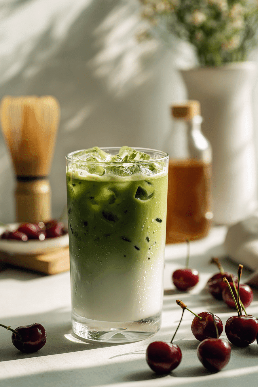 Iced cherry matcha latte in a clear glass with fresh cherries and sunlight