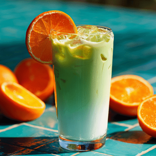 Orange matcha latte with ice cubes and orange slice on a turquoise table