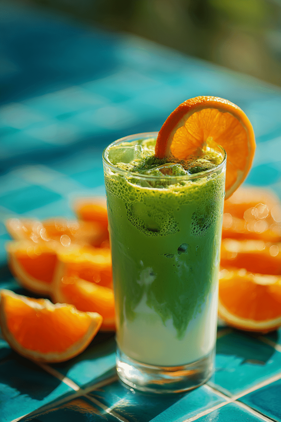 orange matcha latte with creamy milk layers and orange slice garnish on turquoise tiles