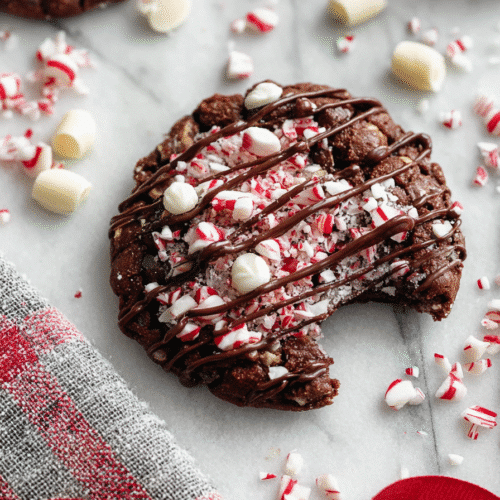 candy cane crunch cookie with peppermint pieces and chocolate drizzle on marble surface.