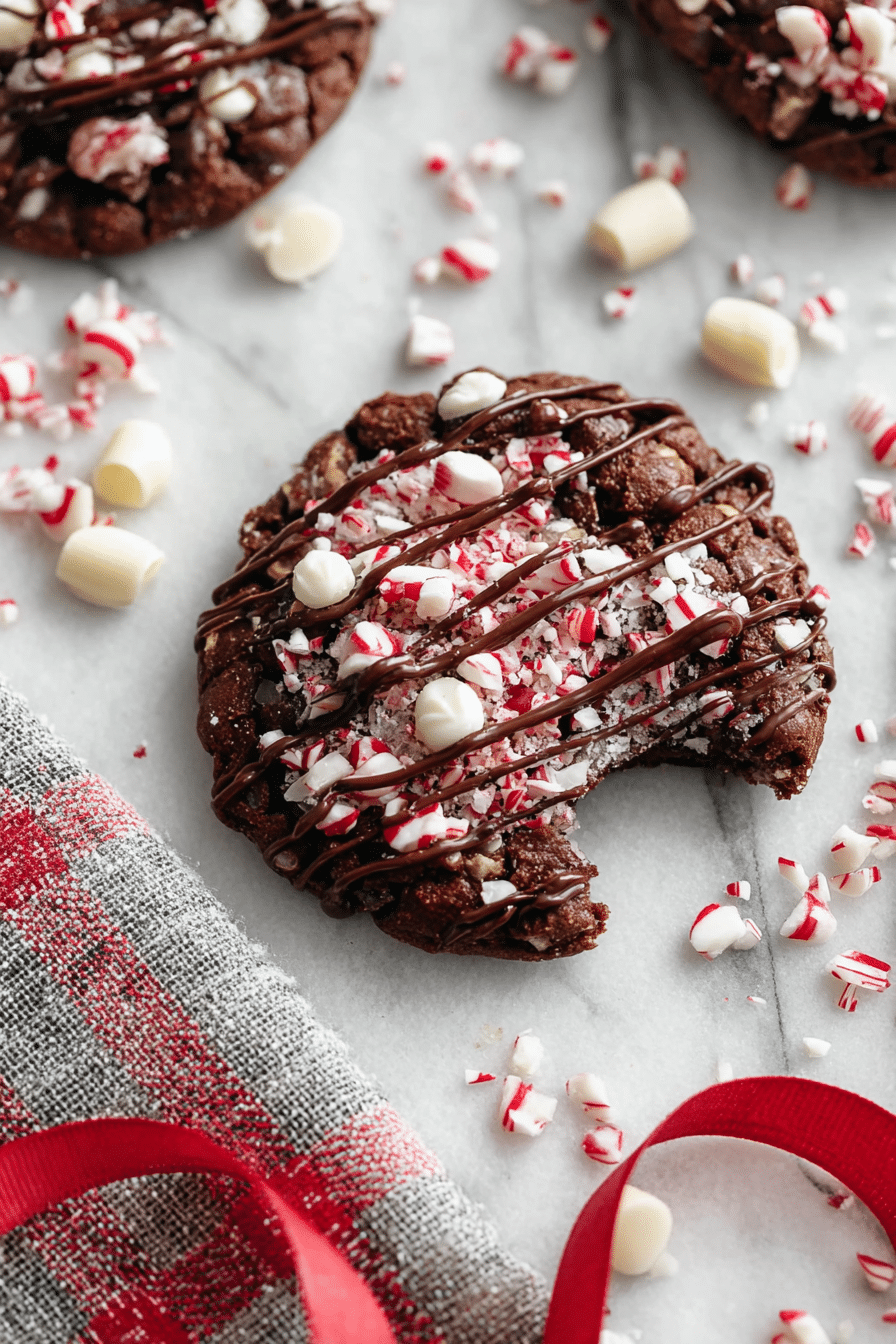 candy cane crunch cookie with peppermint pieces and chocolate drizzle on marble surface.