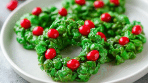 Christmas cookie wreaths made from green cornflake clusters decorated with red candy berries.
