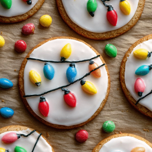 Christmas lights cookies with white icing and colorful candy light decorations.