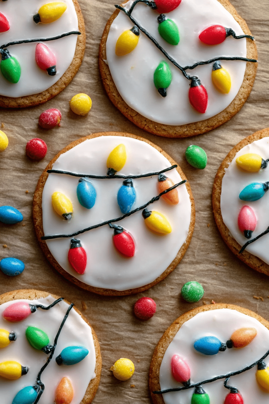 Christmas lights cookies with white icing and colorful candy light decorations.
