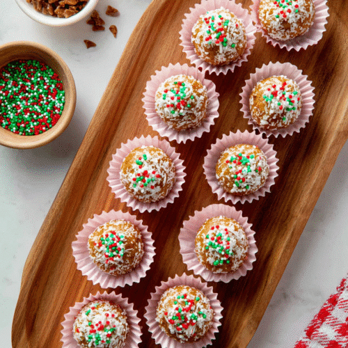 gingerbread cookie balls coated in coconut and holiday sprinkles on a wooden tray.
