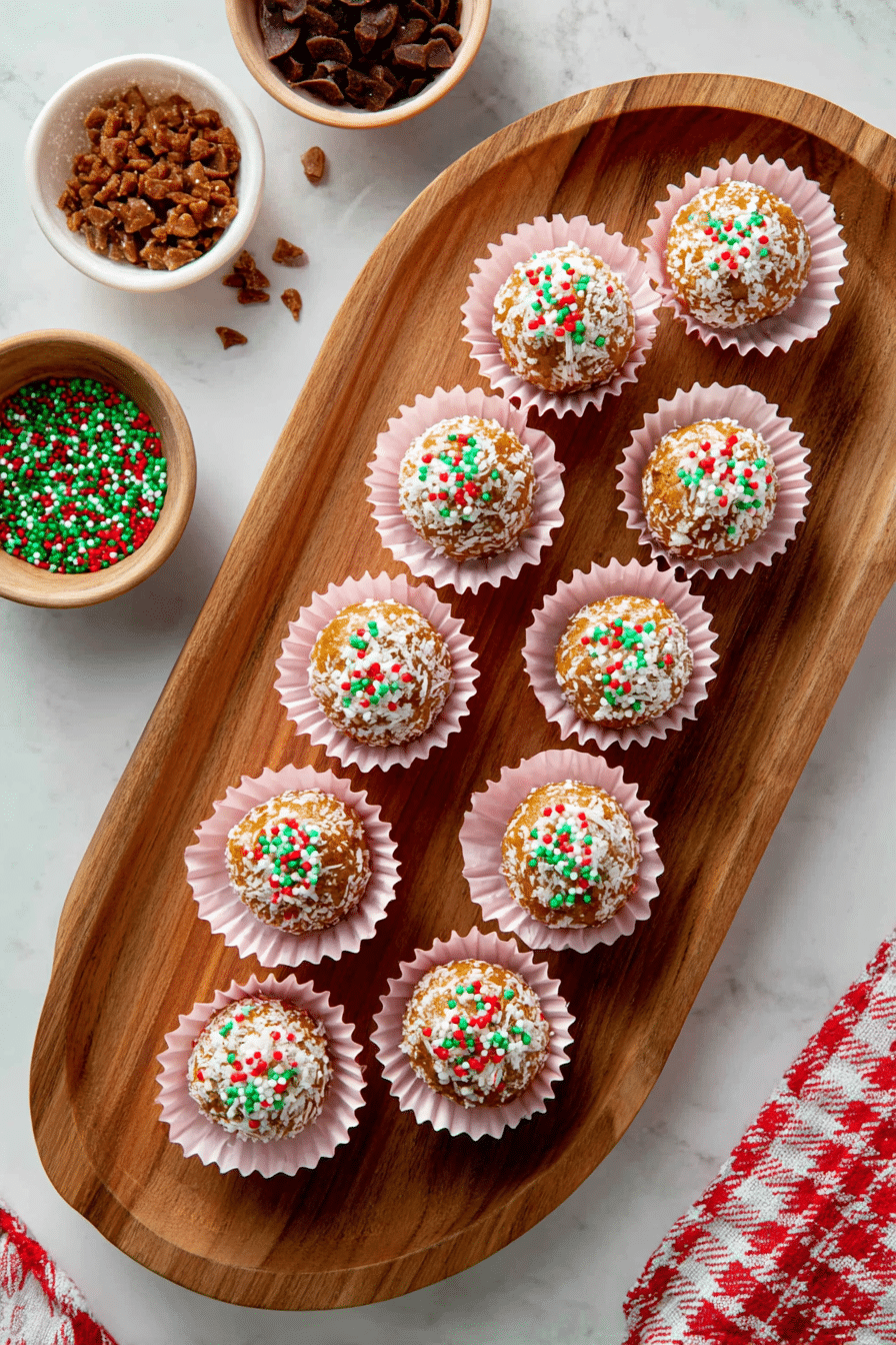 gingerbread cookie balls coated in coconut and holiday sprinkles on a wooden tray.