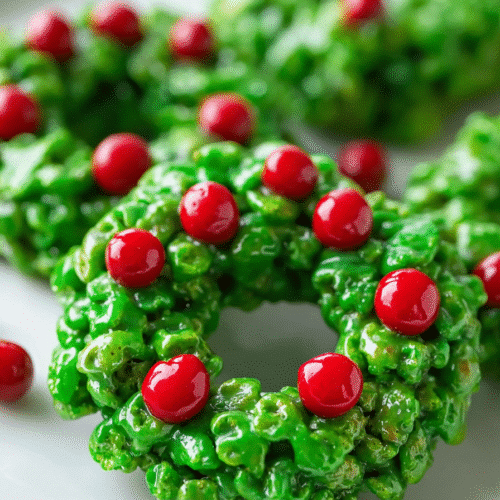 Green Christmas cookie wreaths made from cornflakes and decorated with shiny red candy berries.