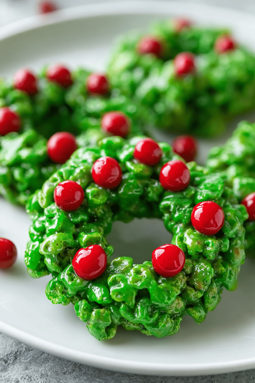 Green Christmas cookie wreaths made from cornflakes and decorated with shiny red candy berries.