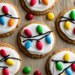 No bake Christmas lights cookies decorated with icing and colorful candy light bulbs