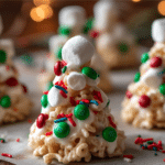 No bake elf hat cookies decorated with marshmallows, red and green candies, and festive holiday sprinkles