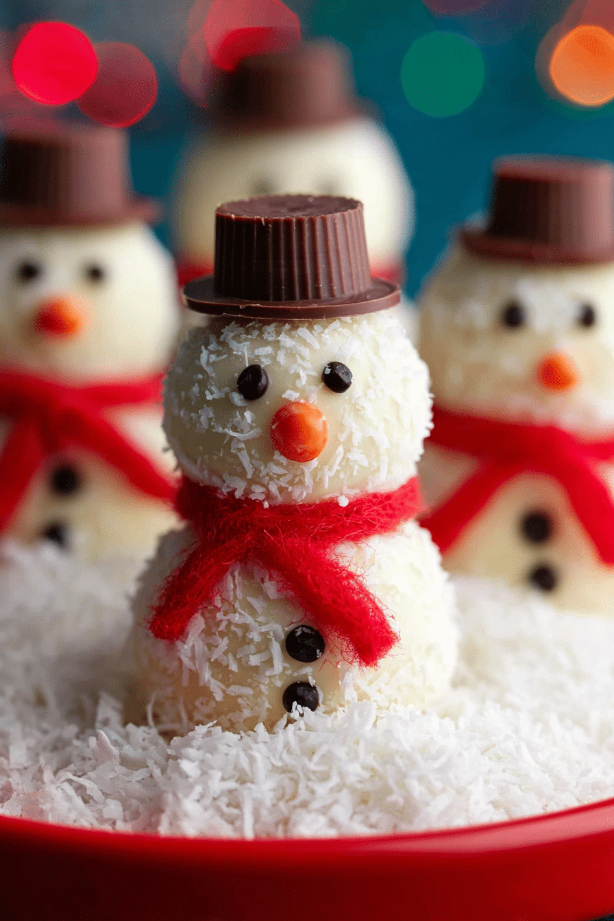 Snowman no bake cookies covered in coconut with candy faces and chocolate peanut butter cup hats.