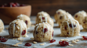 No-bake white chocolate cranberry bites with oats and dried cranberries on parchment paper