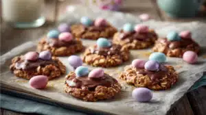 5-Ingredient No Bake Easter Desserts with pastel candy eggs on parchment paper