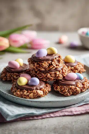 5-ingredient-no-bake-easter-desserts-vertical Stack of 5-Ingredient No Bake Easter Desserts on pastel spring table