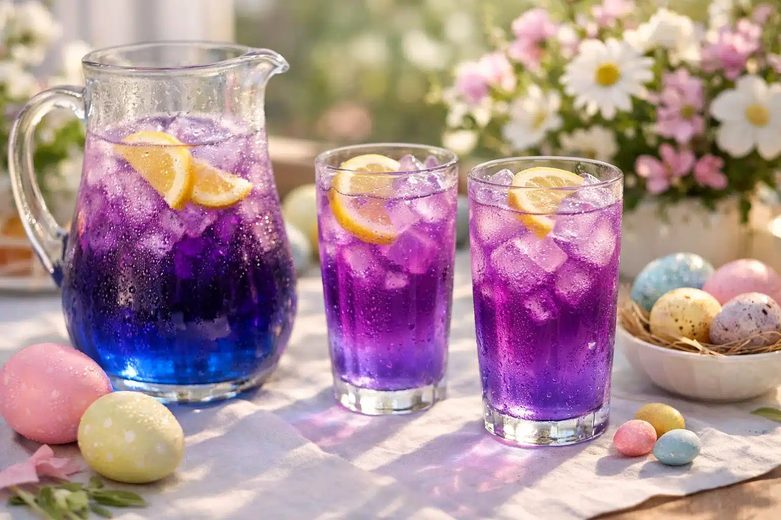 Butterfly pea flower Easter drink changing from blue to purple with lemon