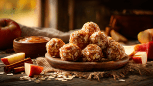 Caramel apple no bake bites with diced apples and caramel drizzle