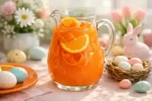 Carrot juice Easter drink served in glass pitcher with orange garnish