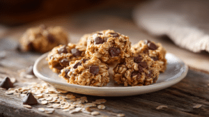 Chewy chocolate chip no-bake cookies for kids with oats and mini chocolate chips on parchment paper.