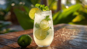 Coconut Lime Cooler in tall glass with lime and mint garnish on tropical patio setting