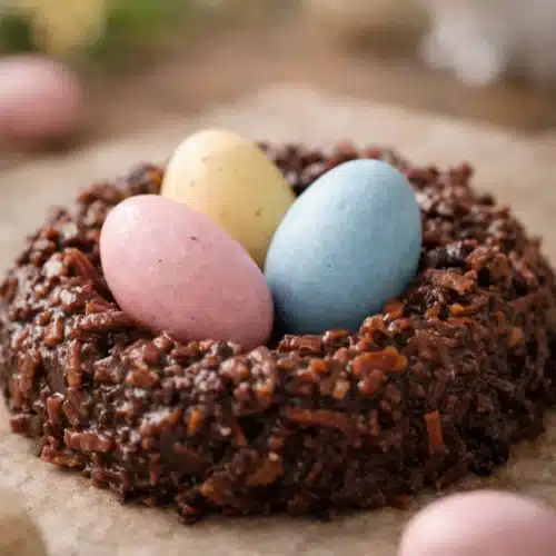 Coconut Nest Easter Cookies – No Bake & Perfectly Festive 1 Close-up of coconut nest Easter cookie with candy eggs