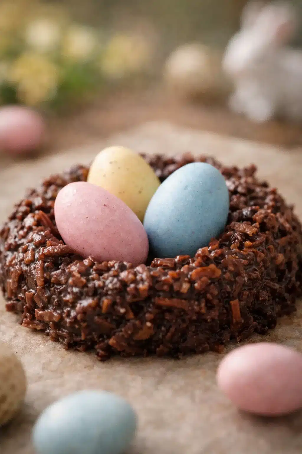 coconut-nest-easter-cookies-vertical Close-up of coconut nest Easter cookie with candy eggs