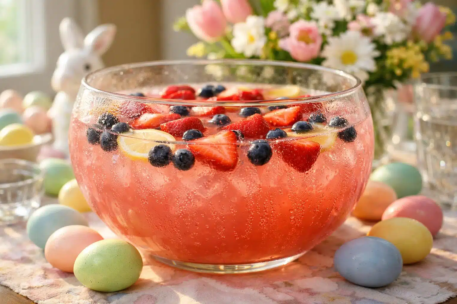 Non alcoholic Easter brunch punch with berries and lemon slices