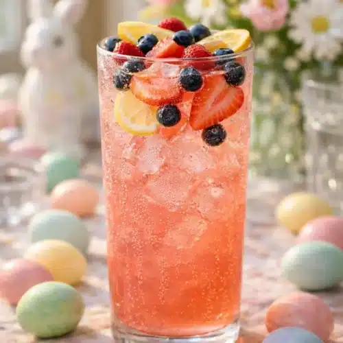 Easter Brunch Drinks Non Alcoholic – Refreshing Spring Mocktails 1 Glass of non alcoholic Easter brunch berry punch with fruit garnish