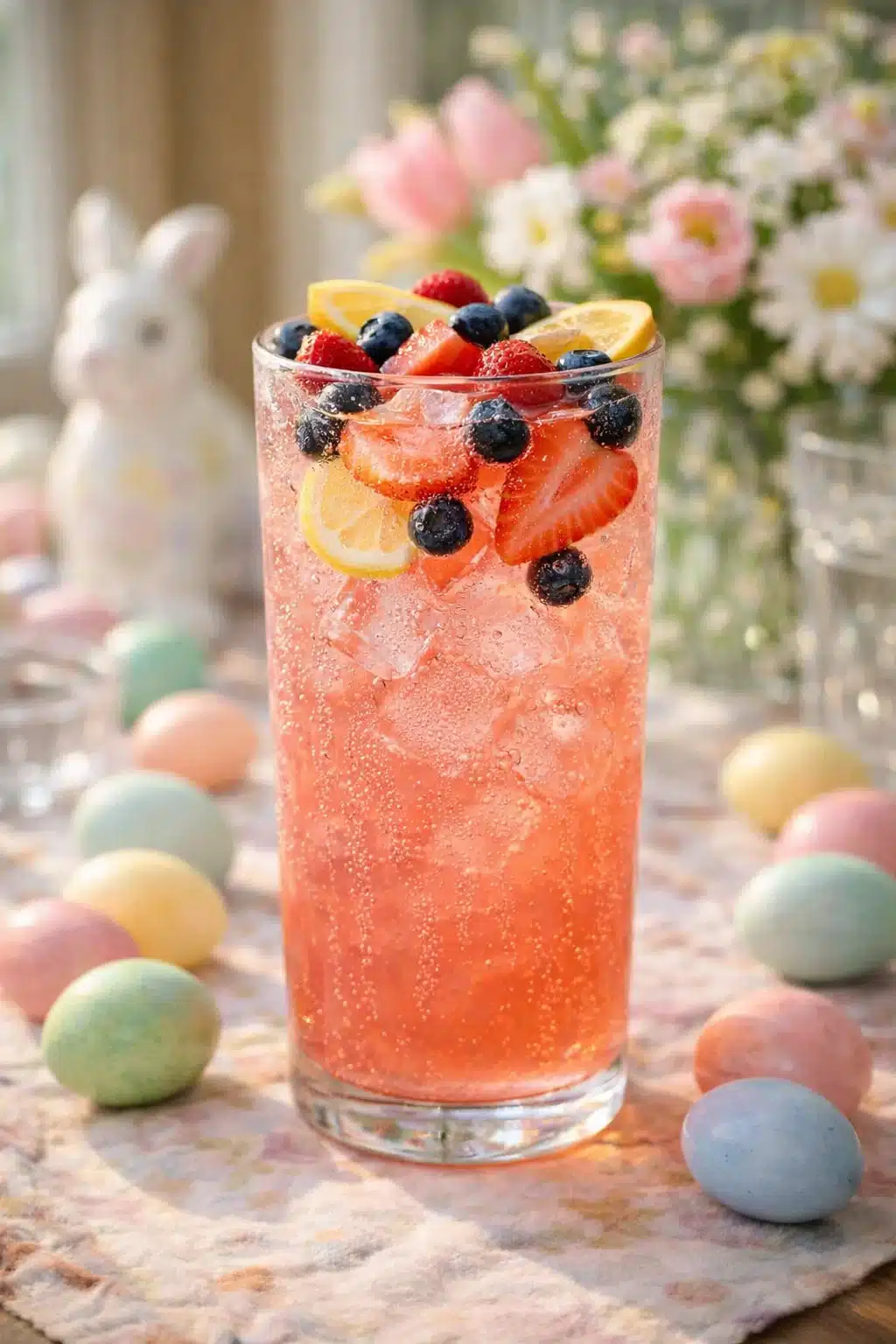 easter-brunch-drinks-non-alcoholic-vertical Glass of non alcoholic Easter brunch berry punch with fruit garnish