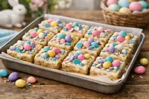 No bake Easter dessert bars for a crowd topped with pastel candy