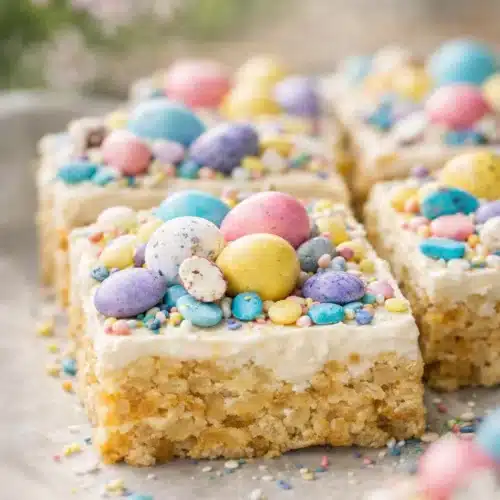Easter Desserts No Bake for a Crowd – Spring Chocolate Crunch Bars 1 Close-up of no bake Easter dessert bar with pastel candy topping