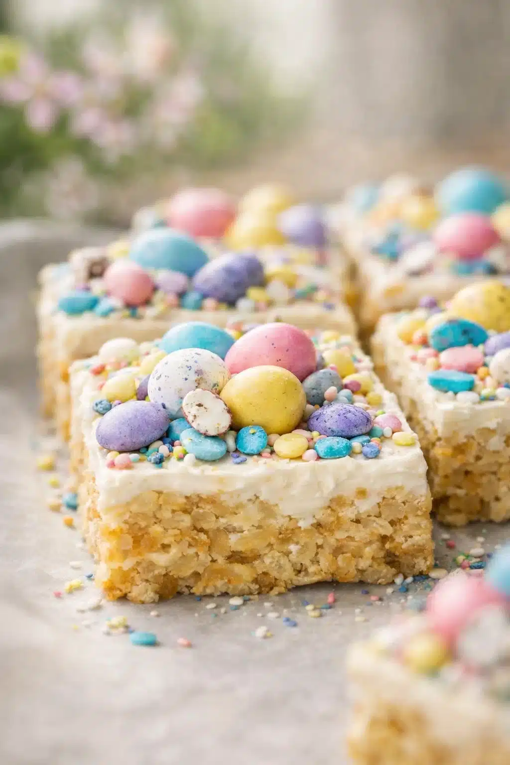 easter-desserts-no-bake-for-a-crowd-vertical Close-up of no bake Easter dessert bar with pastel candy topping