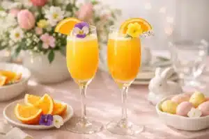 Easter mimosa recipe served in champagne flute with orange garnish