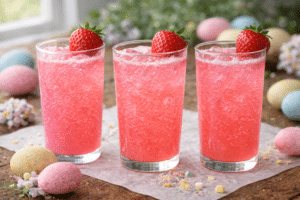 Easter mocktails for kids in pink glasses with strawberries