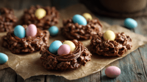 Easter nest no bake cookies with chocolate and candy eggs on parchment