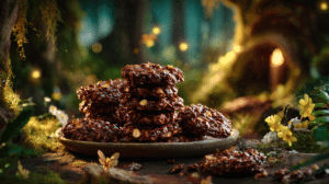 Fairy tale no bake cookies stacked on a rustic plate in a magical forest setting with warm sunset light and whimsical details