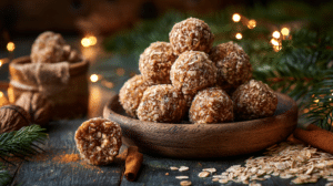 No-bake Holiday Spice Energy Balls on rustic table with cinnamon and oats