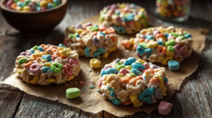 Lucky Charms no bake cookies with colorful marshmallows on parchment