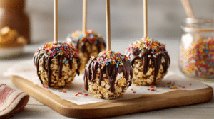 No bake cookie pops with chocolate drizzle and cereal toppings on sticks