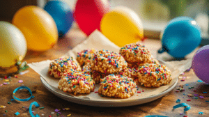 Colorful no bake cookies for birthday parties topped with rainbow sprinkles on a festive party table
