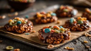 No-bake cookies with cereal mix-ins on parchment paper in warm kitchen lighting