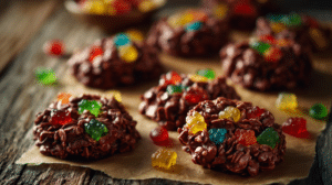chewy chocolate no-bake cookies with gummy bears inside on parchment paper in a cozy kitchen setting