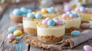 No bake Easter cheesecake cups with pastel toppings in clear glasses