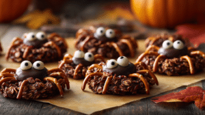 No bake Halloween spider cookies with pretzel legs and candy eyes on parchment paper