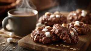 No bake hot cocoa cookies with mini marshmallows on rustic table