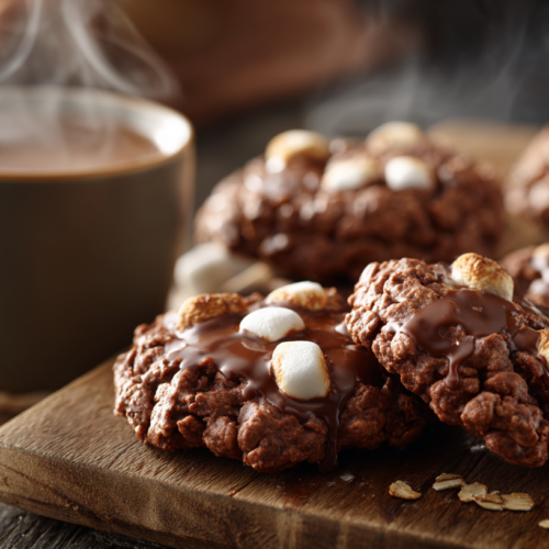 No-Bake Hot Cocoa Cookies – Cozy & Ready in 20 Minutes 1 No bake hot cocoa cookies with mini marshmallows on rustic table