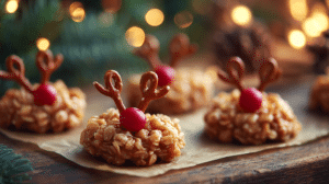 No bake reindeer cookies with pretzel antlers and red candy noses on parchment paper